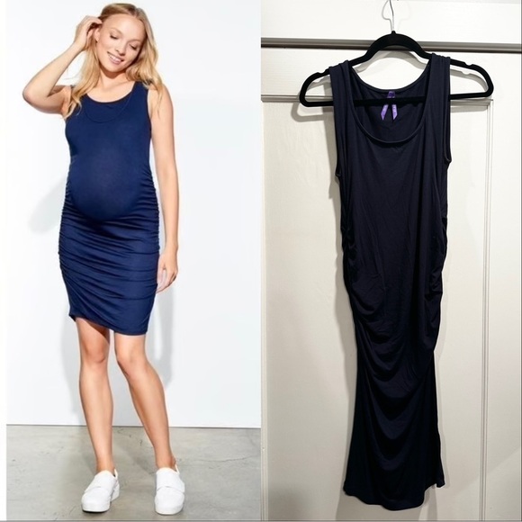 Seraphine Maternity Sleeveless Ruched Maternity Dress Navy Blue Sz 6 Summer - Picture 1 of 11